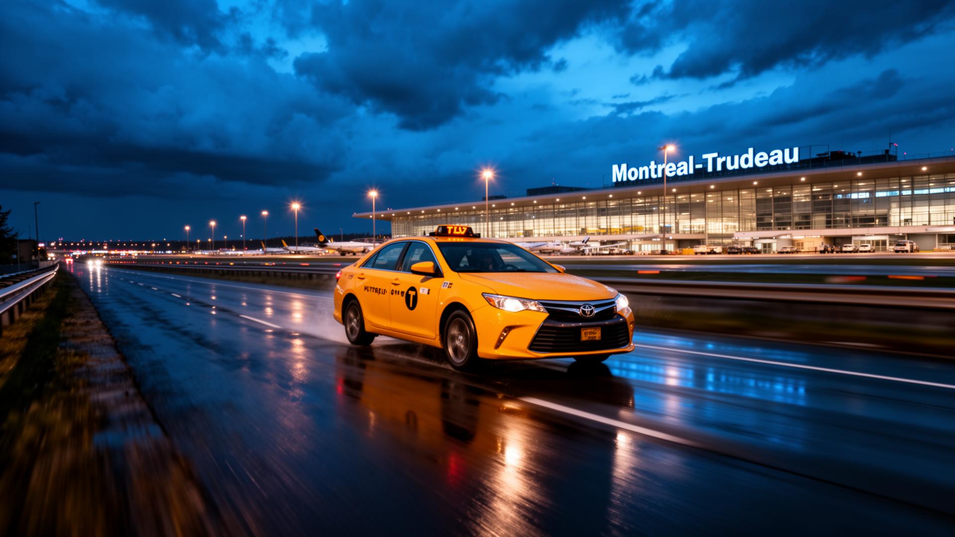 Yellow taxi near Montreal Trudeau airport at night